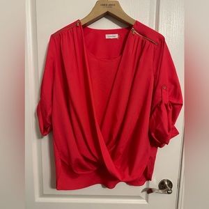 CALVIN KLEIN Women's Top XL Coral Long Sleeve Wrap Shirt Zip Detail